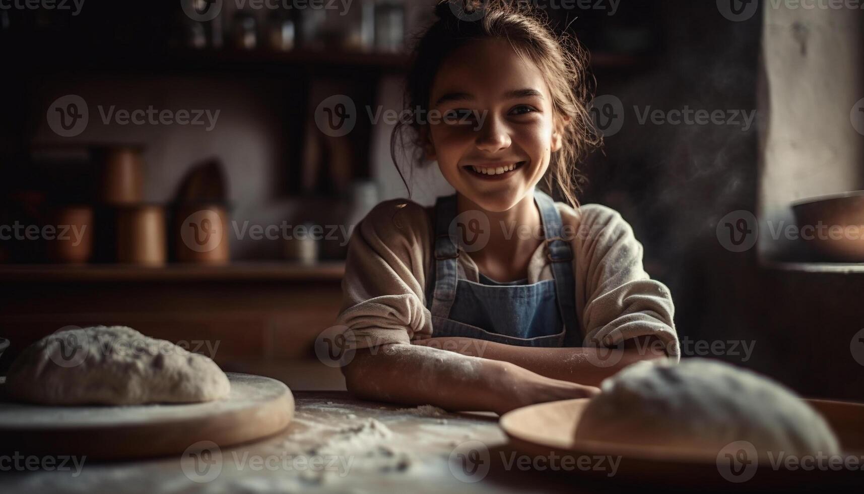 carino ragazza apprendimento cottura al forno abilità nel cucina generato di ai foto