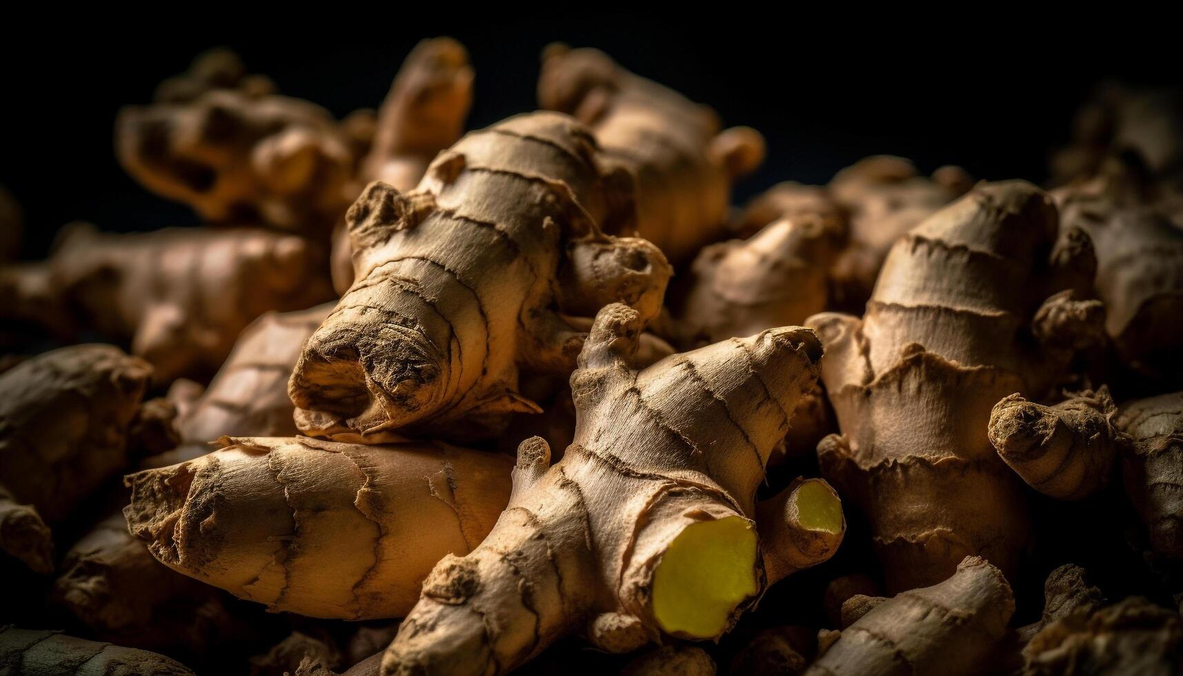 salutare mangiare con fresco biologico Zenzero radice generato di ai foto