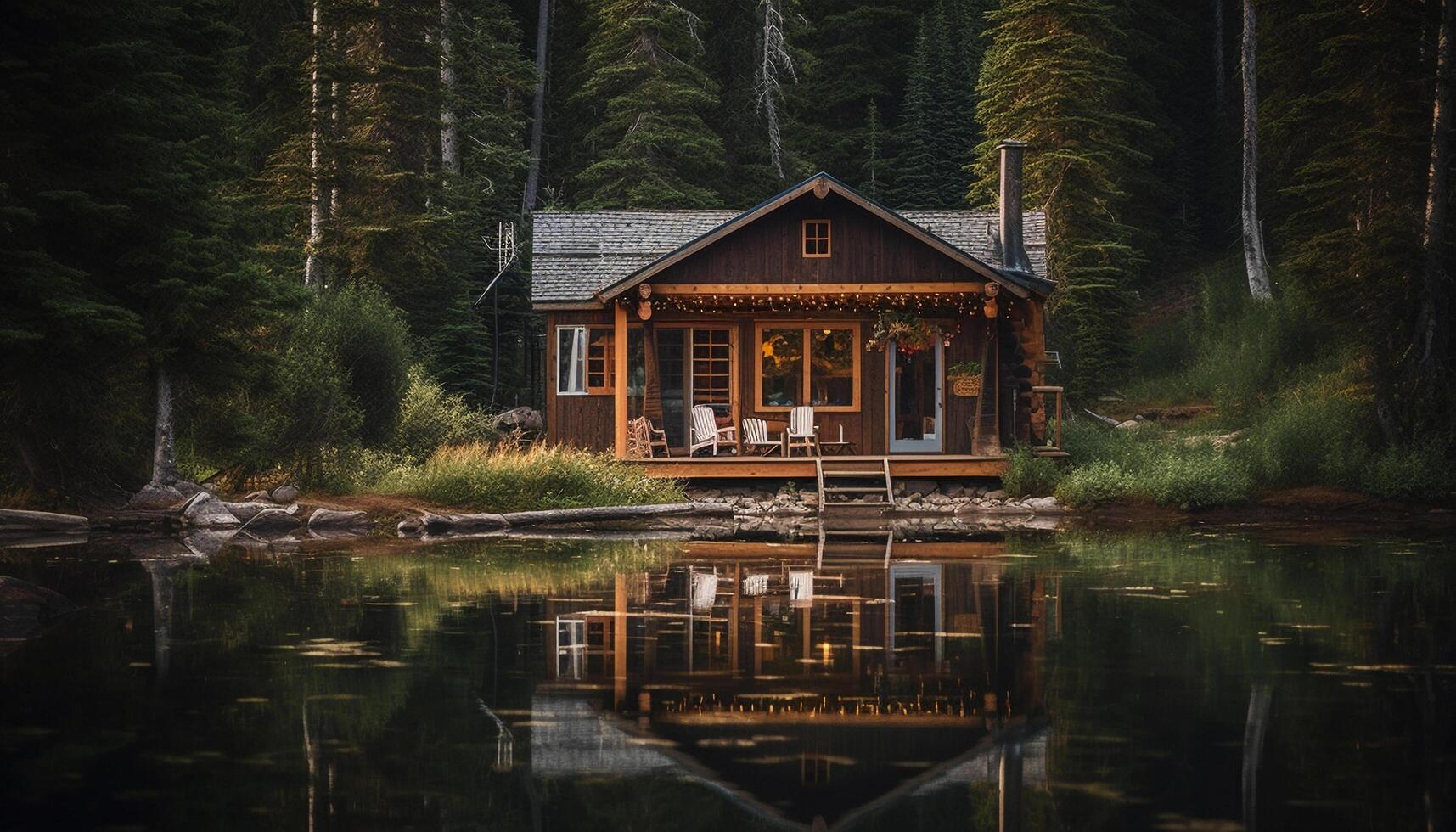 rustico log cabina annidato nel tranquillo foresta generato di ai foto