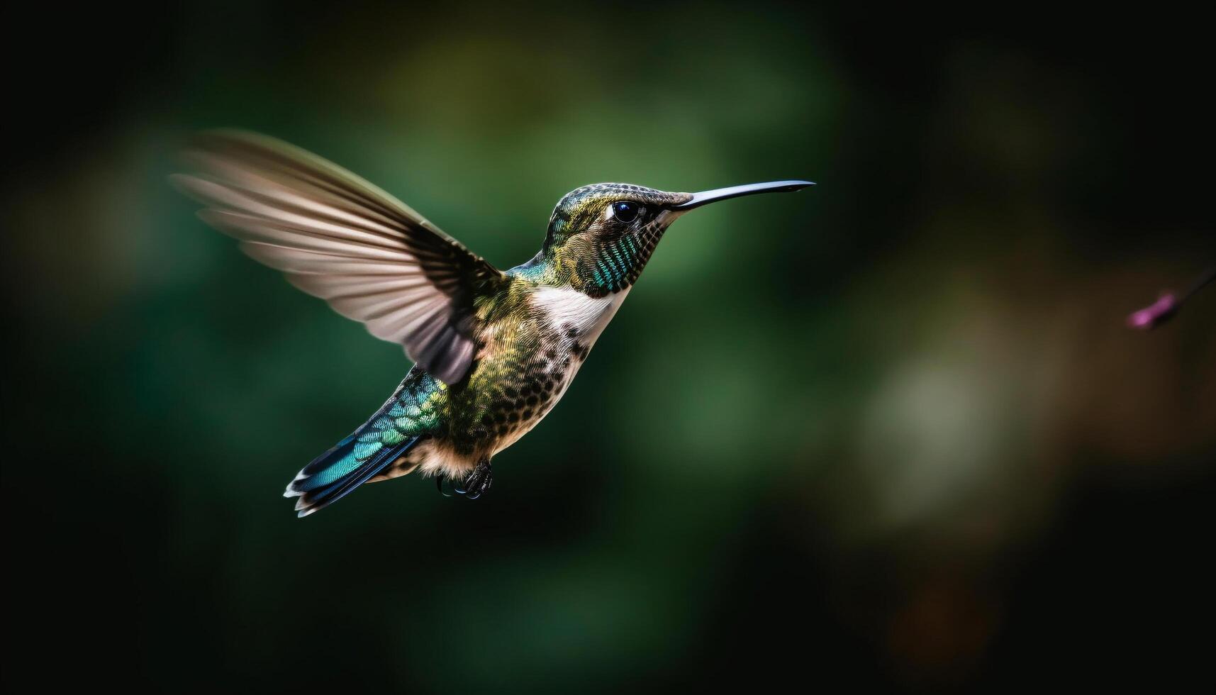 colibrì in bilico, diffusione iridescente Ali nel medio aria generato di ai foto