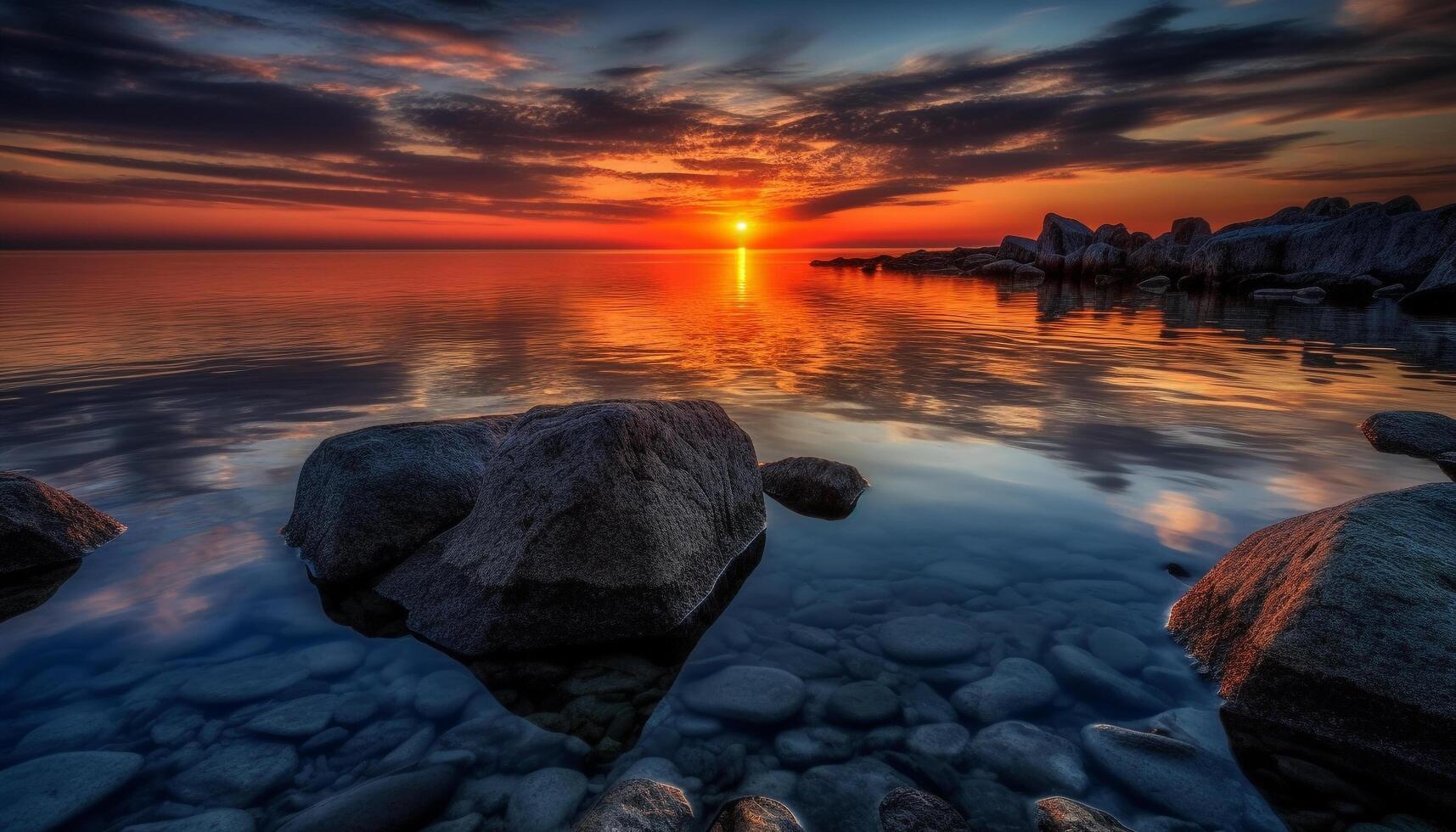 tramonto al di sopra di tranquillo paesaggio marino, sfocato movimento onde generato di ai foto