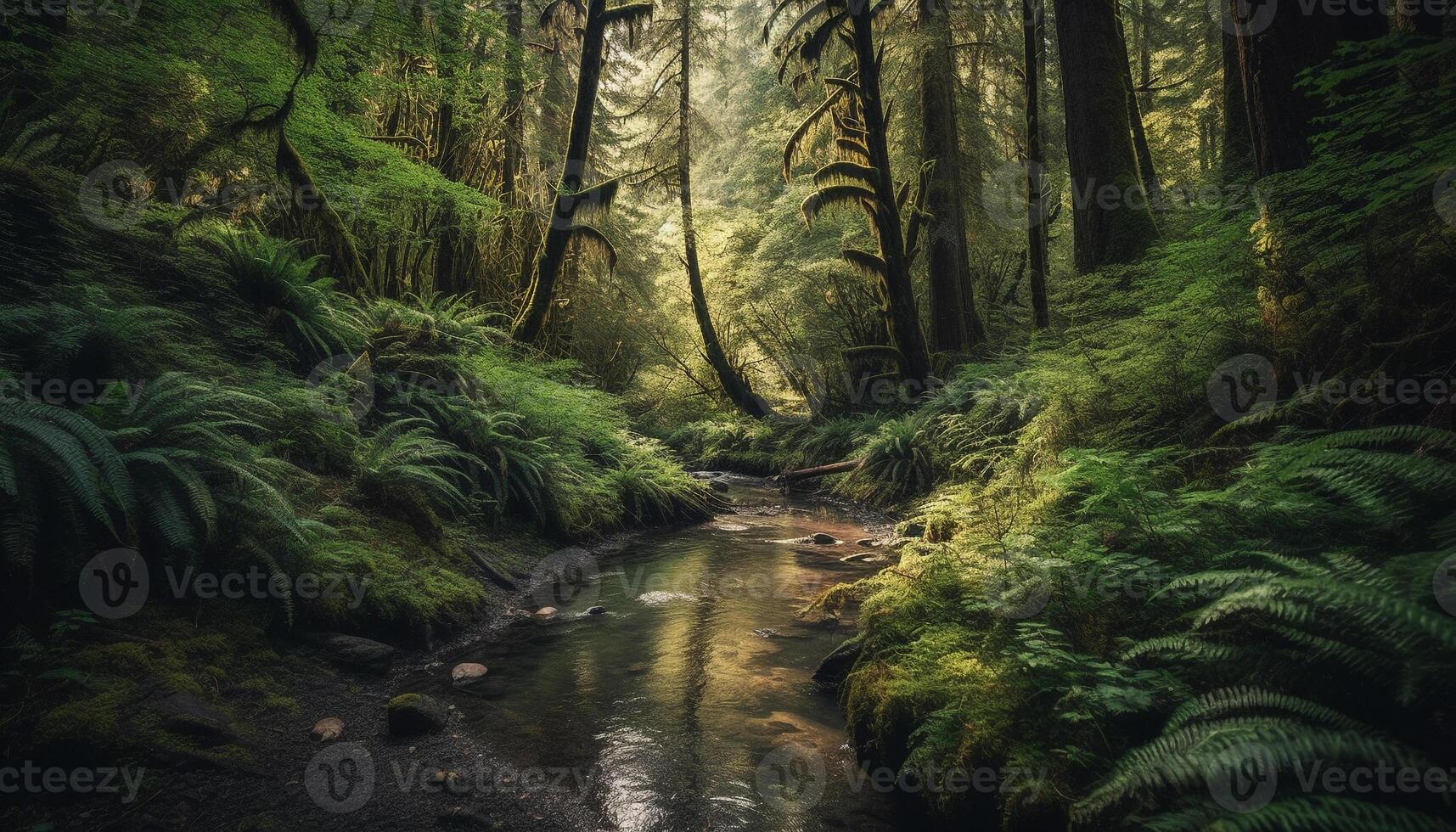 tranquillo scena di un' tropicale foresta pluviale con fluente acqua e felci generato di ai foto