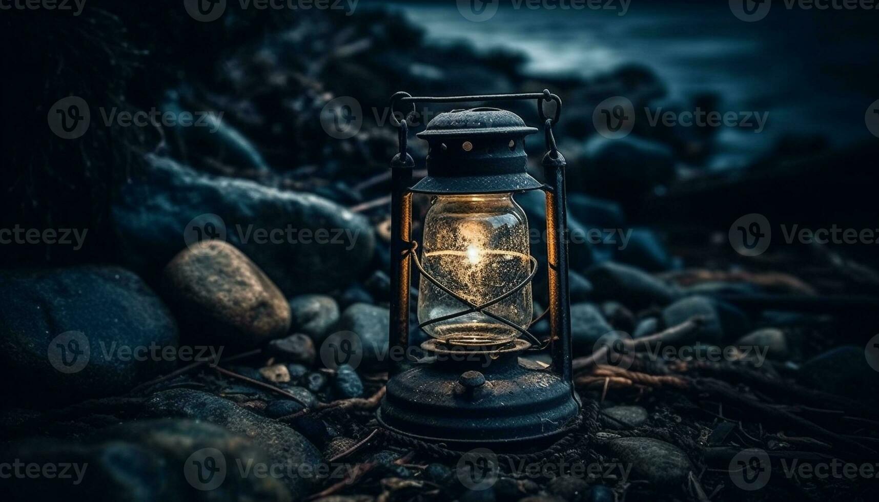 raggiante lanterna si illumina rustico fuoco di bivacco nel inverno foresta generato di ai foto