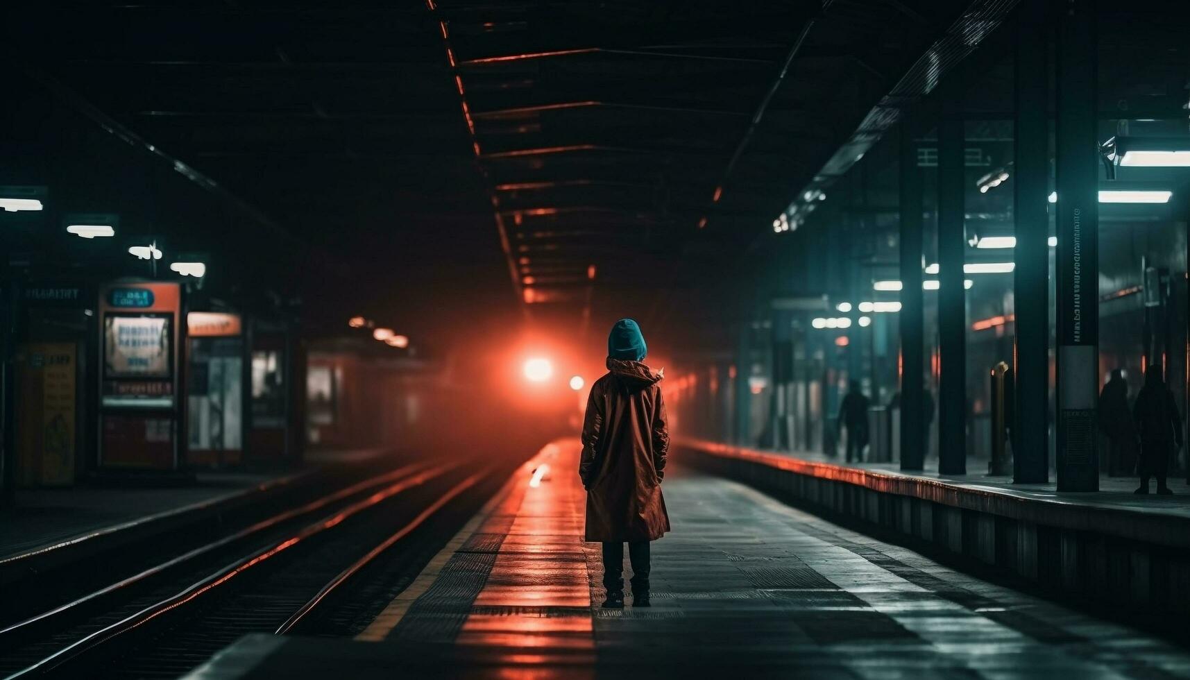 uno uomo d'affari viaggi attraverso il città su un' metropolitana treno generativo ai foto