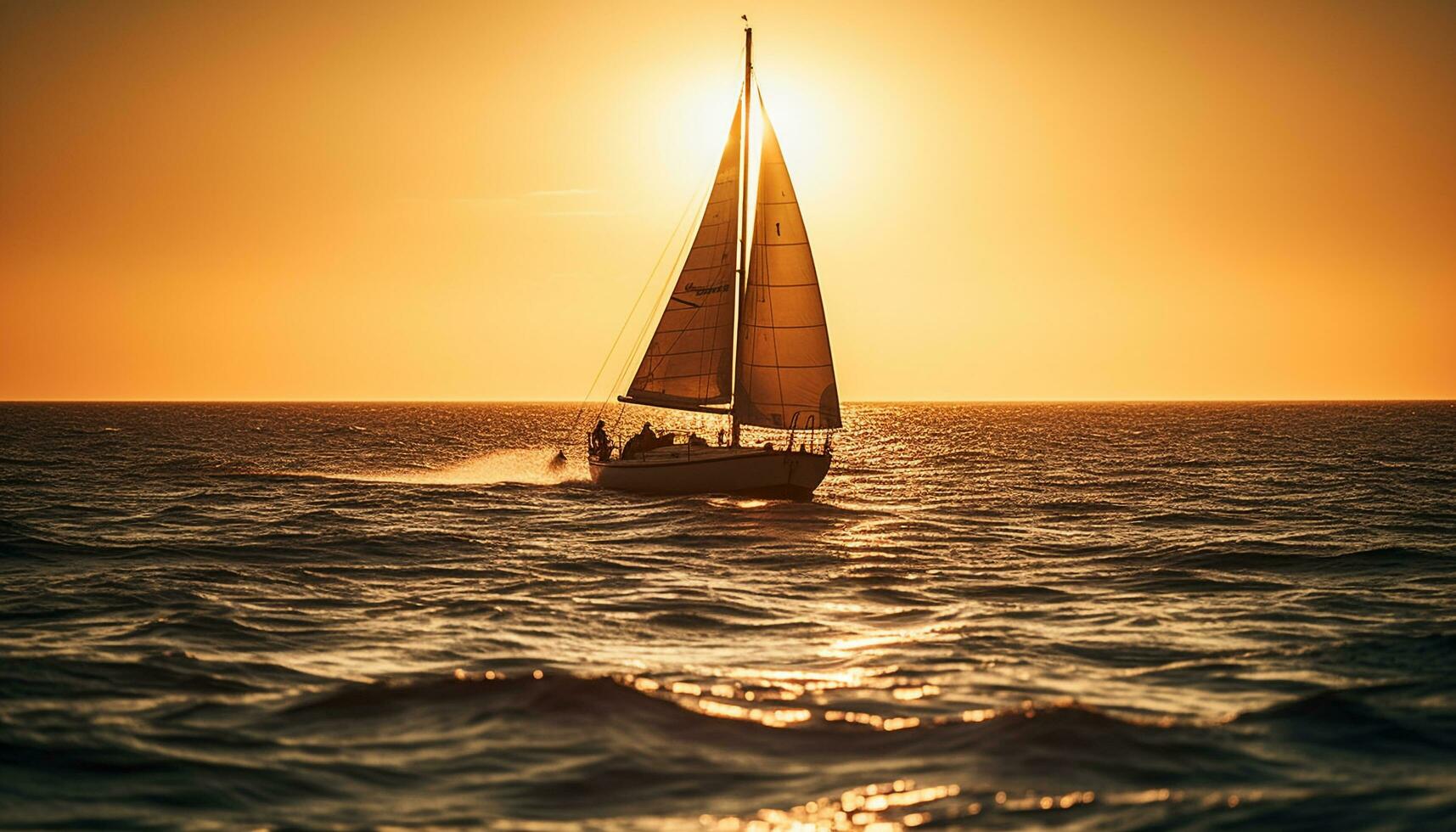 andare in barca yacht a tramonto, equipaggio godendo tempo libero generato di ai foto