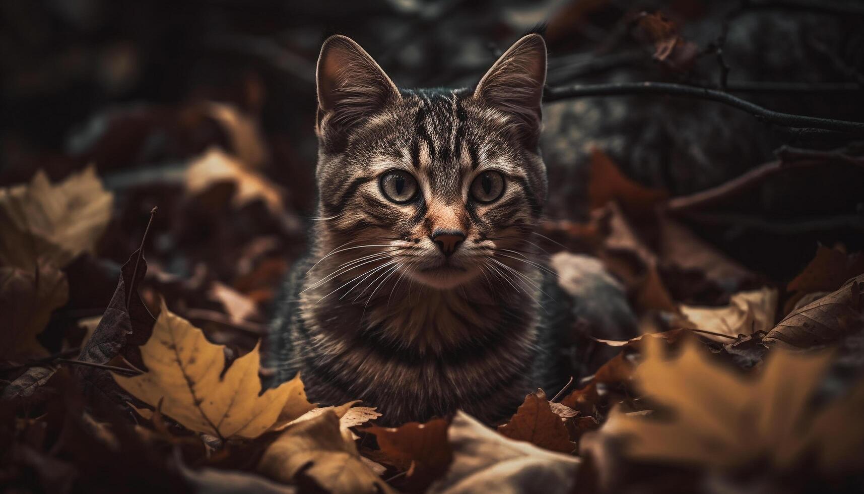 soffice gattino si siede tra autunno foglie, giocoso generato di ai foto