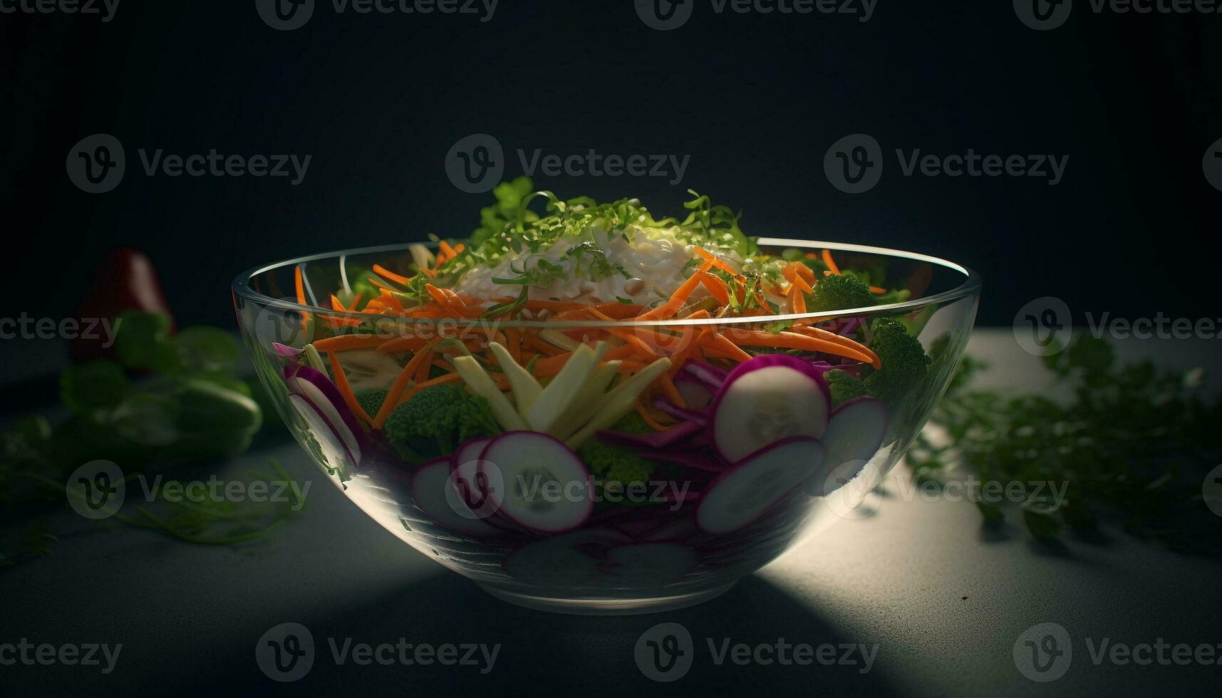 fresco vegetariano insalata con biologico ingredienti su Multi colorato vasellame generato di ai foto