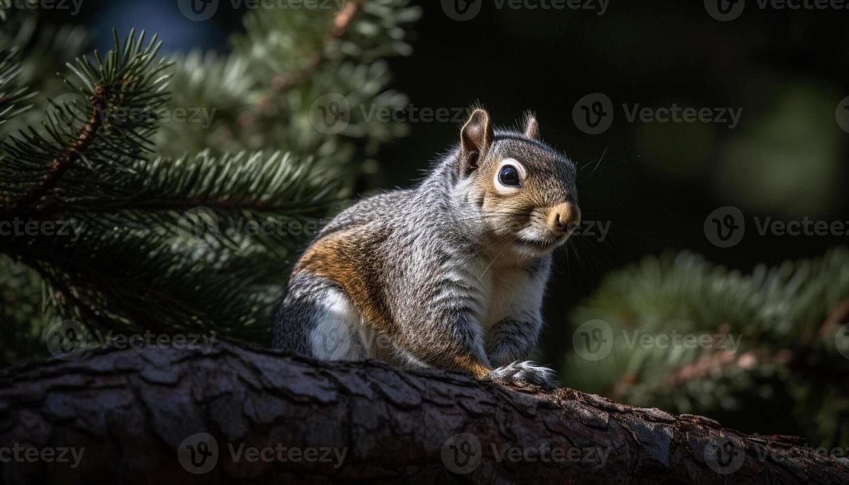 soffice grigio scoiattolo seduta su albero ramo, guardare a telecamera generato di ai foto