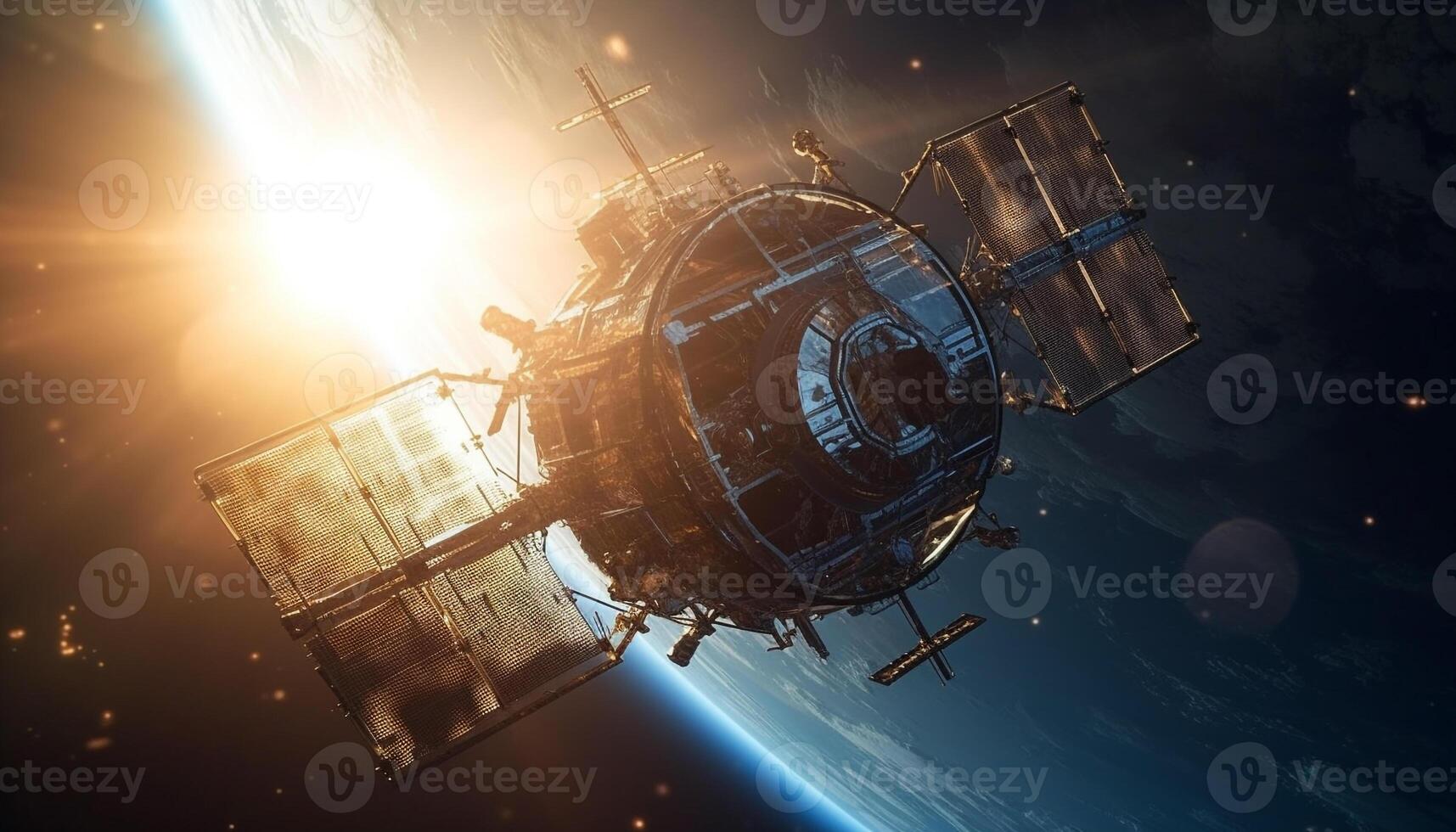 futuristico navicella spaziale orbitante pianeta nel galassia, motorizzato di Avanzate tecnologia generato di ai foto