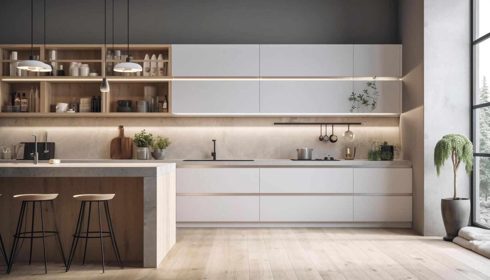 moderno lusso soffitta appartamento con luminosa, pulito cucina e elegante arredamento generato di ai foto