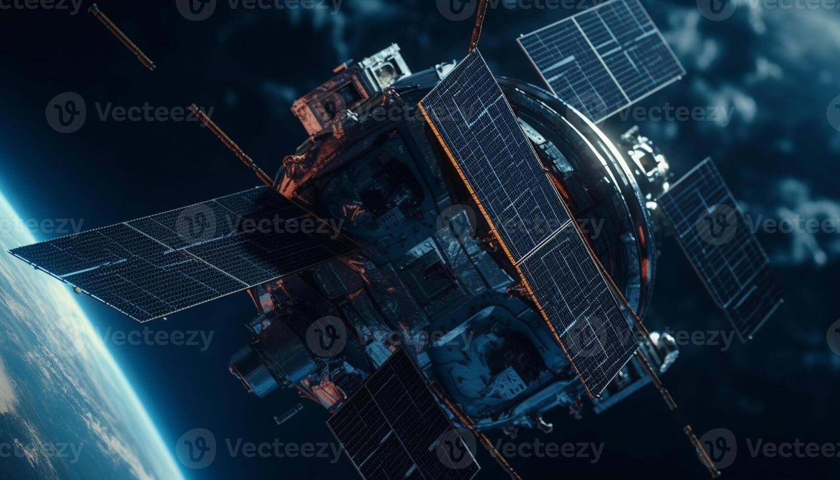 futuristico navicella spaziale orbite pianeta, motorizzato di solare pannelli e carburante generato di ai foto