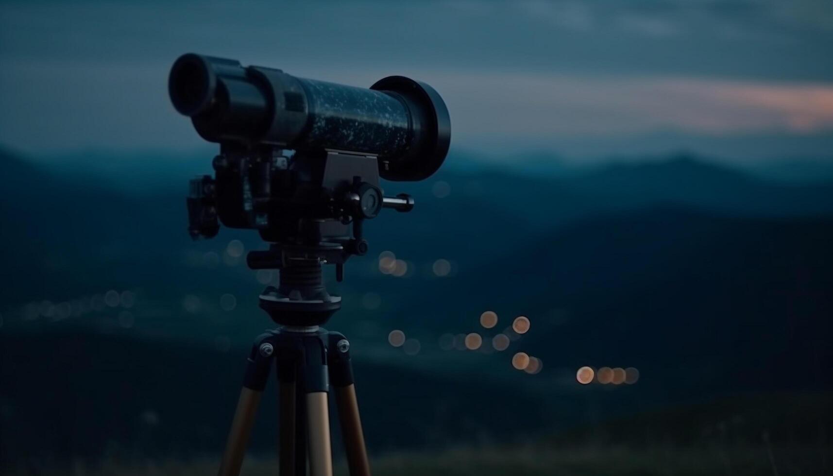 fotografo cattura panoramico montagna gamma con mano tenuto telescopio a crepuscolo generato di ai foto