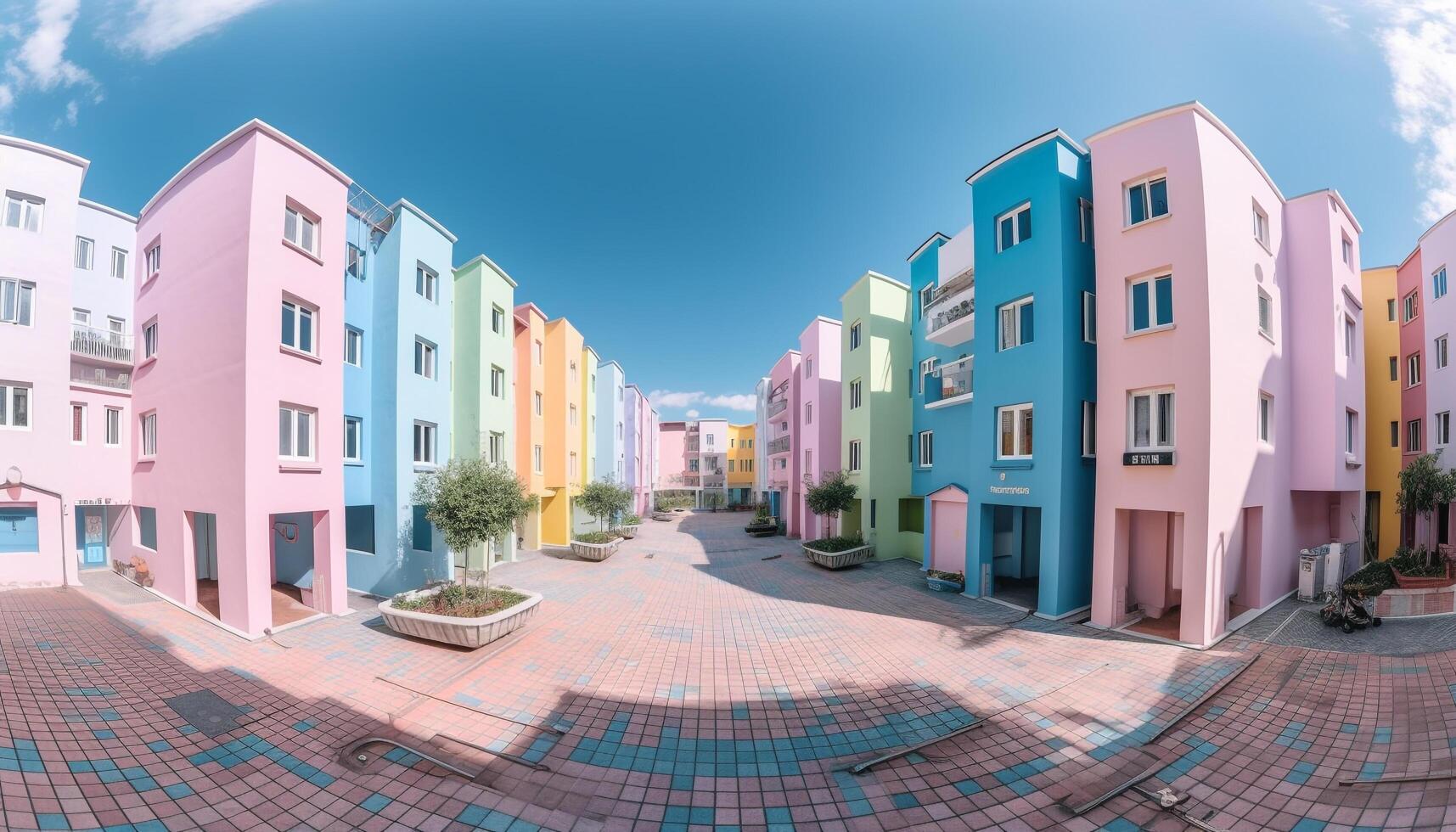 il moderno paesaggio urbano Multi colorato facciata si illumina il rosa crepuscolo cielo generato di ai foto