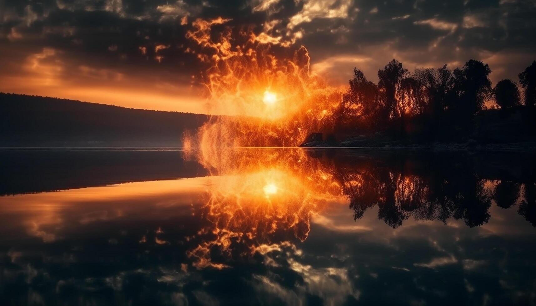 un' tranquillo scena di natura bellezza tramonto riflessione su acqua generato di ai foto