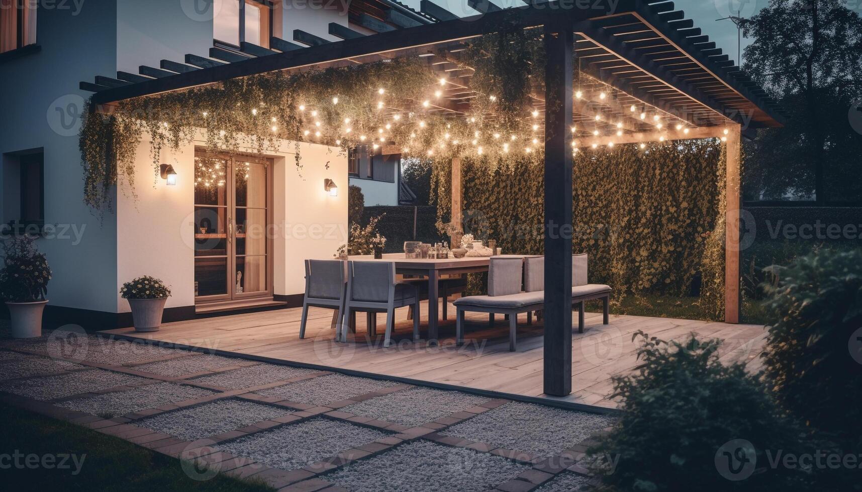 moderno lusso casa interno illuminato di Natale luci e lanterne generato di ai foto