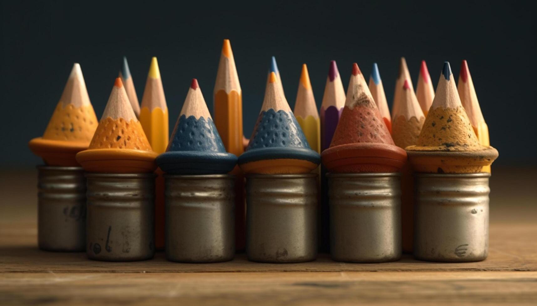 un' arcobaleno di creatività matite, pastelli, e dipingere nel ordine generato di ai foto