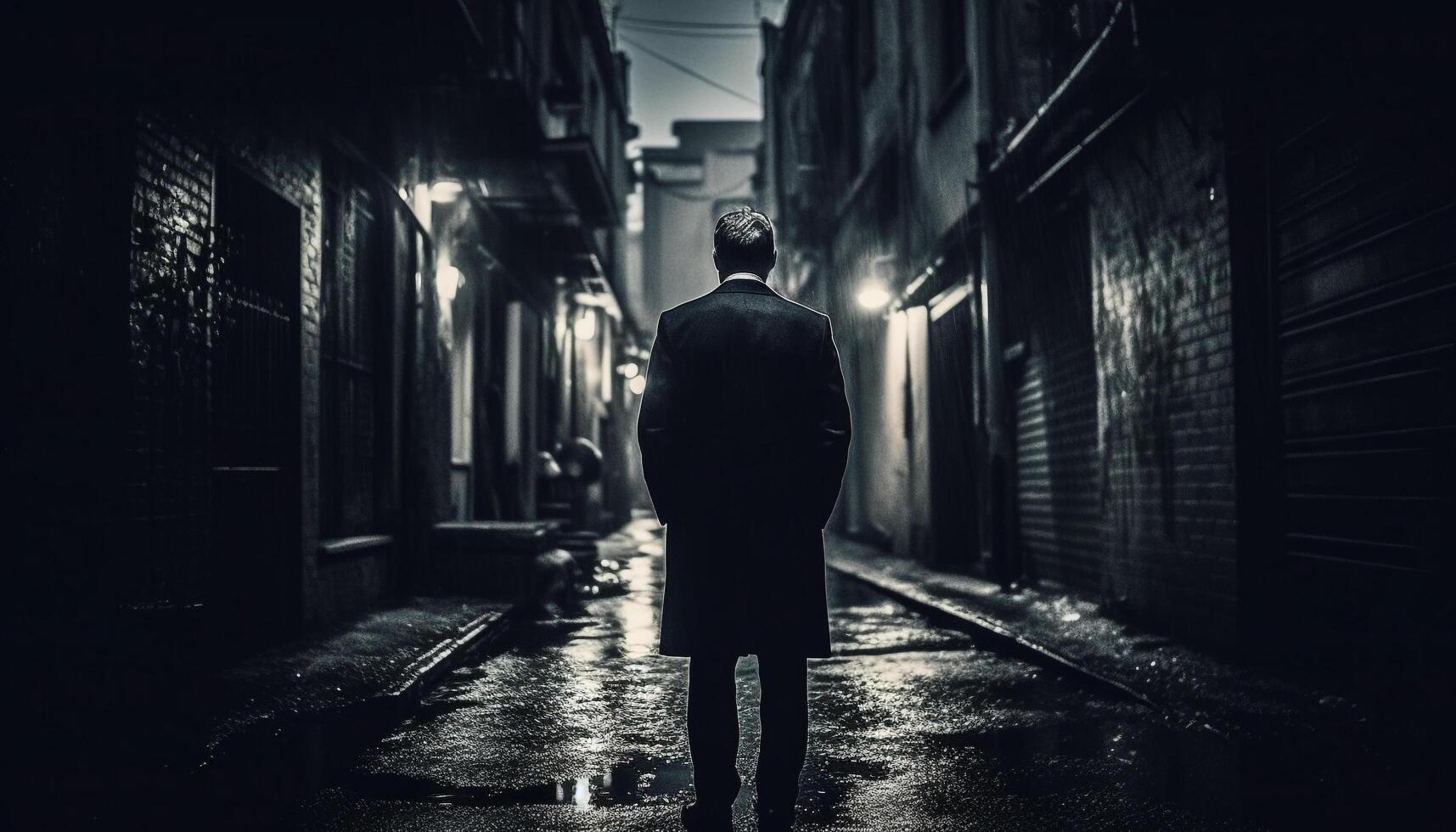 uno uomo a piedi nel il scuro, un' città solitario silhouette generato di ai foto