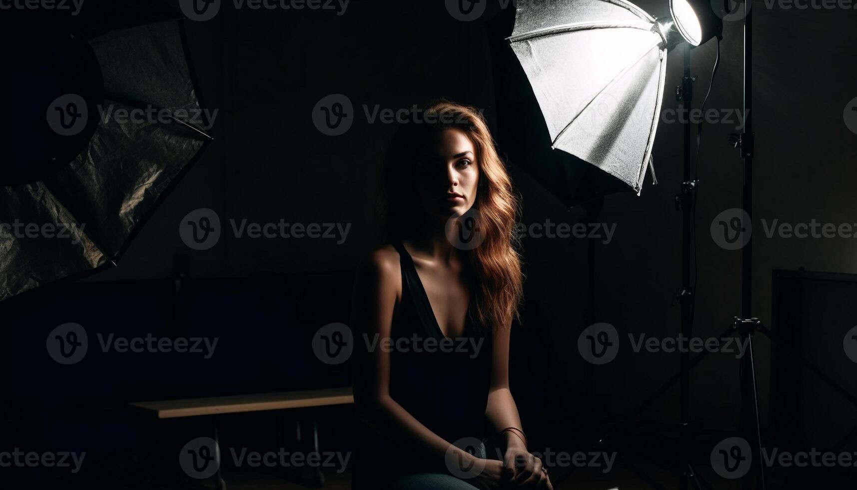 uno giovane donna, Tenere ombrello, seduta nel piovere, guardare elegante generato di ai foto