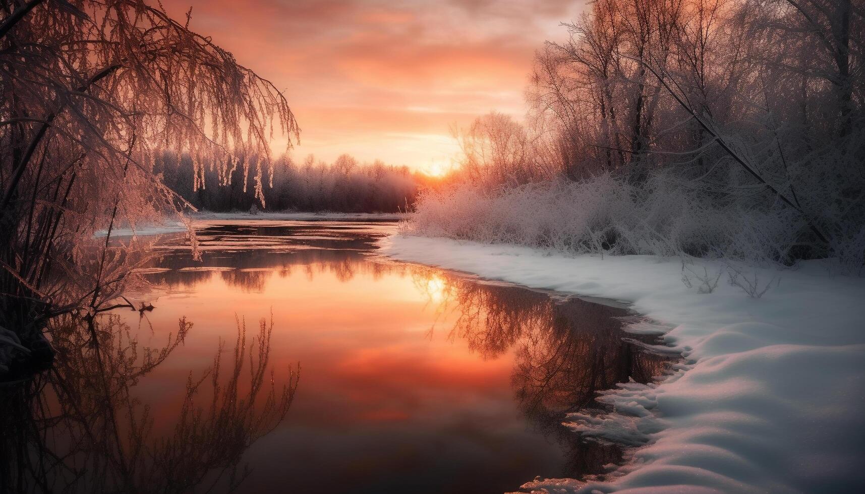 un' tranquillo scena a crepuscolo, il sole riflessione su acqua generato di ai foto