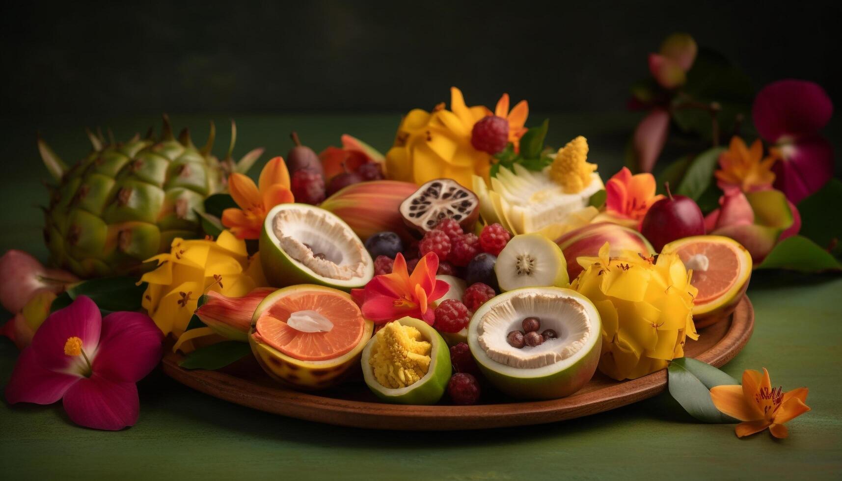 fresco tropicale frutta insalata con papaia, ananas, e passione frutta generato di ai foto
