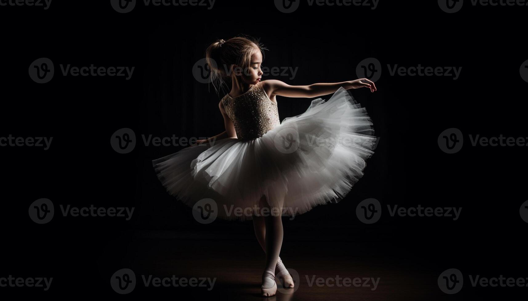 elegante balletto ballerino esegue su palcoscenico, in mostra abilità e grazia generato di ai foto