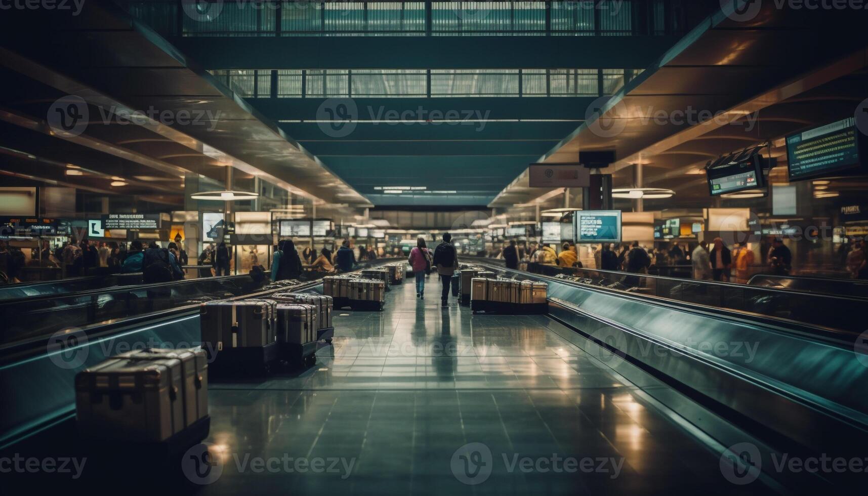 pendolari in partenza aeroporto terminale, a piedi su acciaio pavimentazione, affollato corridoio generato di ai foto