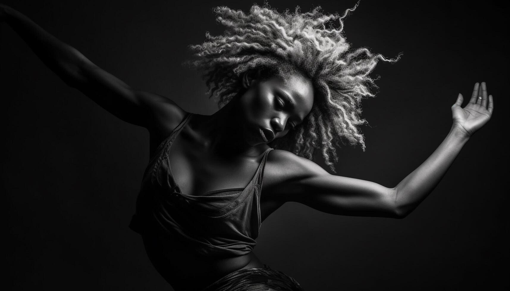 uno giovane donna, un' ballerino, sorridente nel un' nero studio generato di ai foto