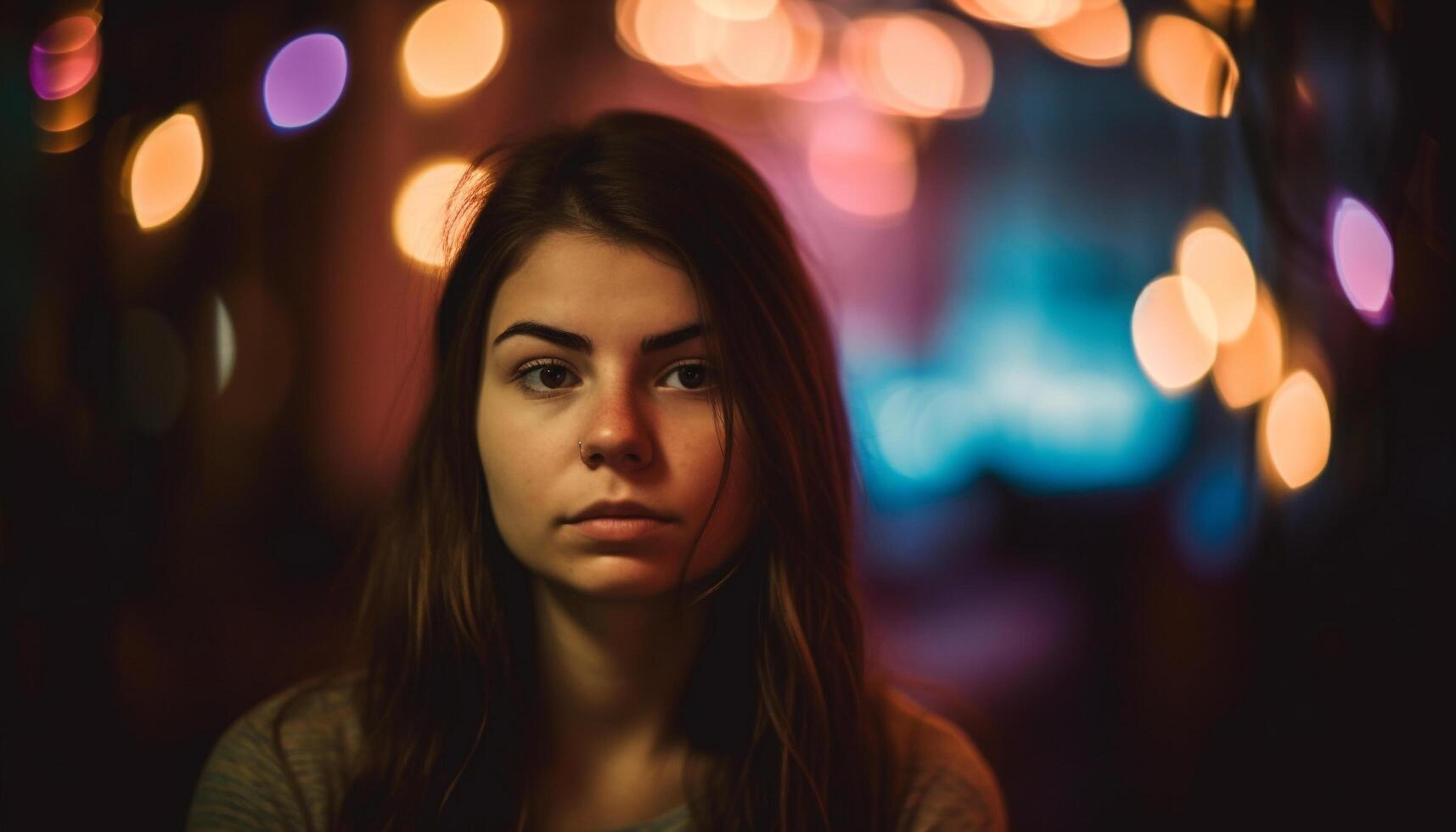 uno giovane adulto donna, illuminato di strada luce, sorridente felicemente generato di ai foto