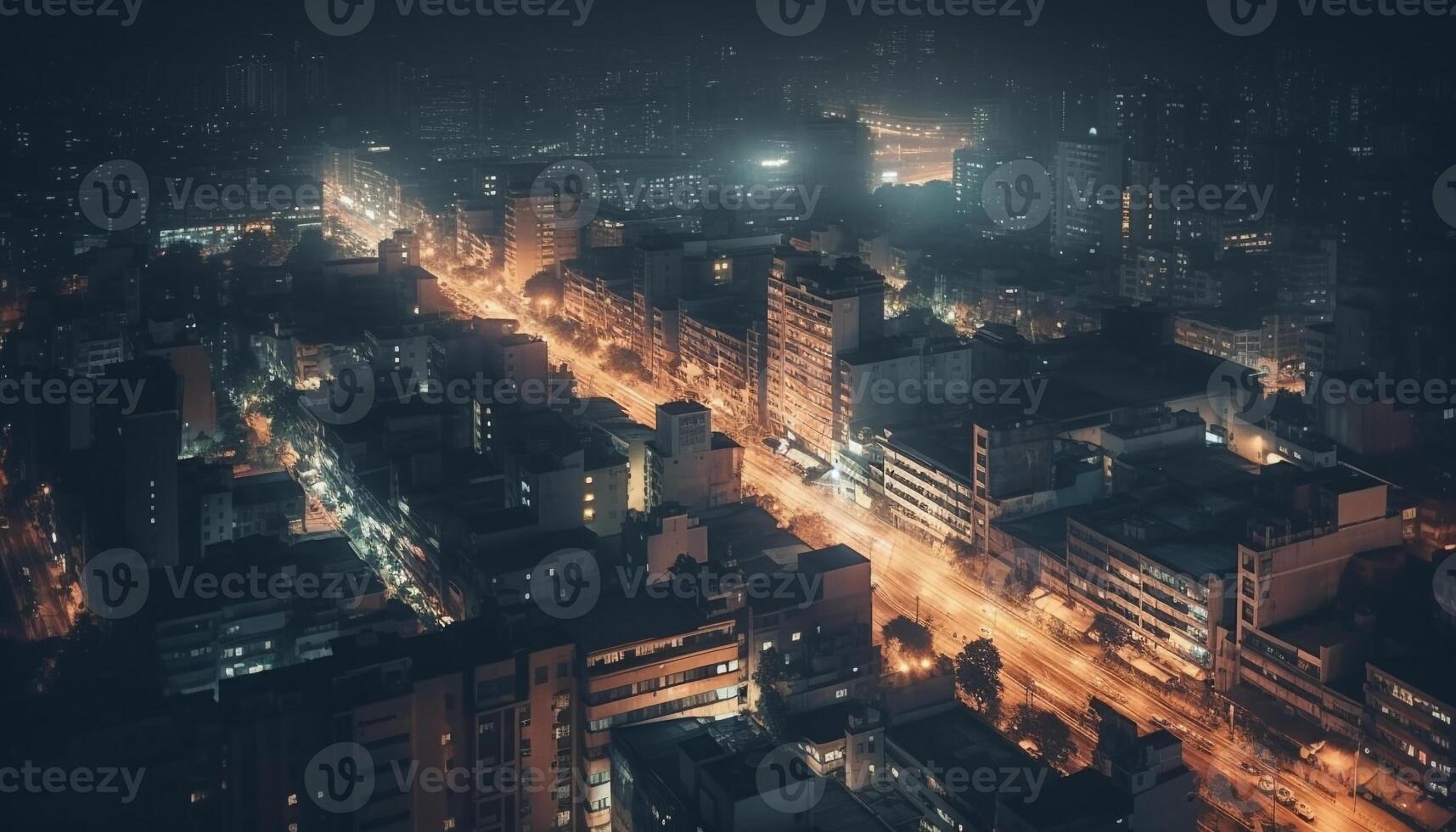città orizzonte si illumina con illuminato grattacieli a cala la notte, vivace con traffico generato di ai foto