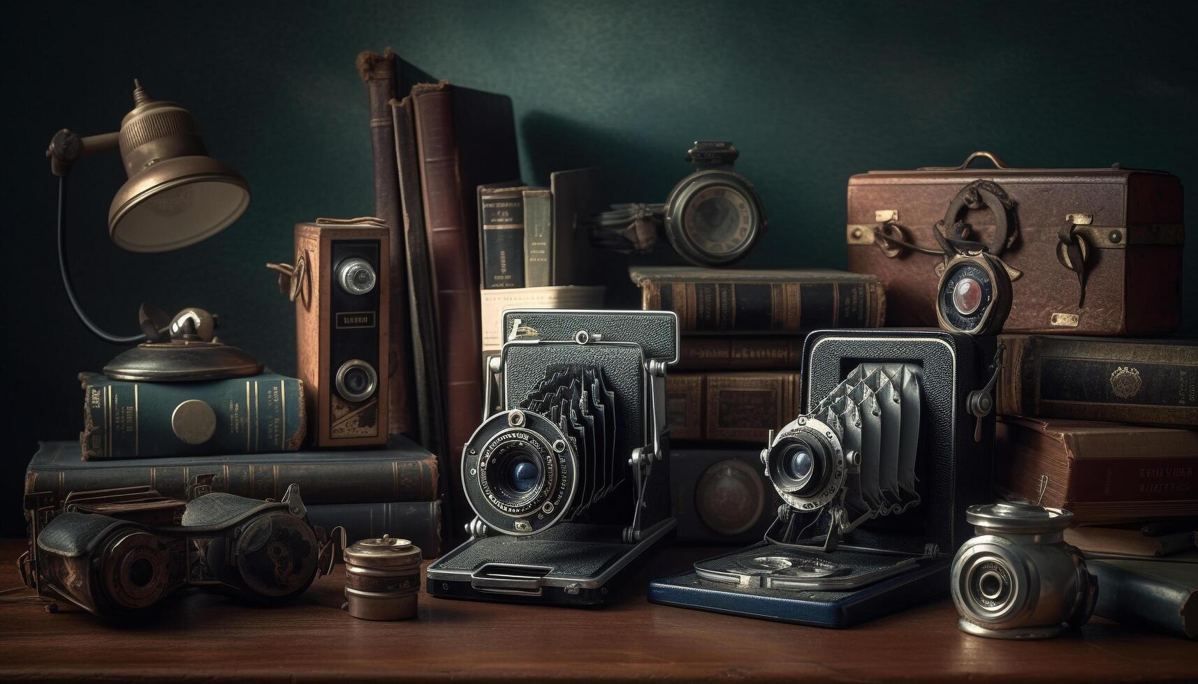 un antico telecamera su un' di legno tavolo trasuda nostalgia e eleganza generato di ai foto