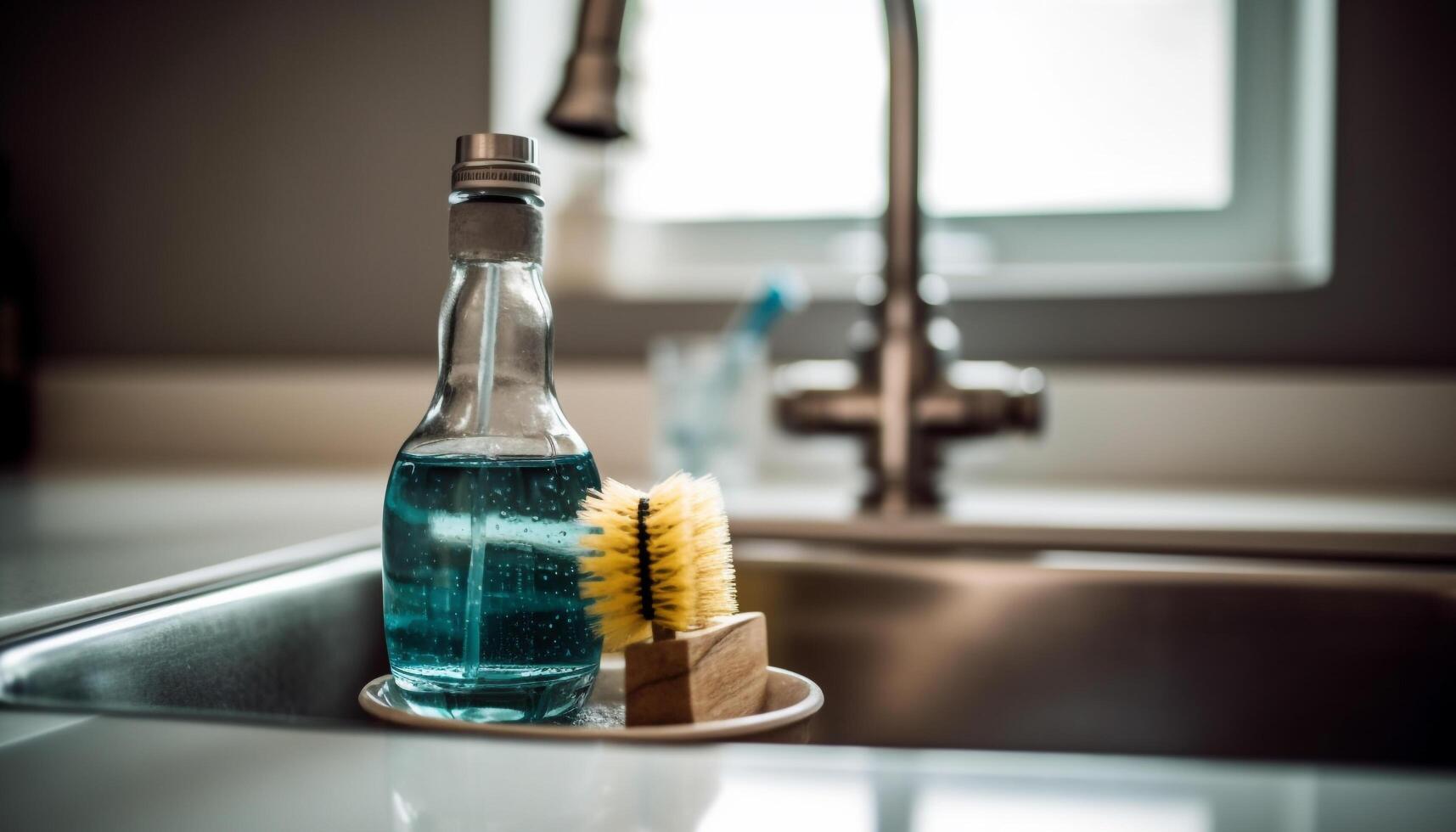 pulito e fresco cucina Lavello con liquido igiene attrezzatura generato di ai foto