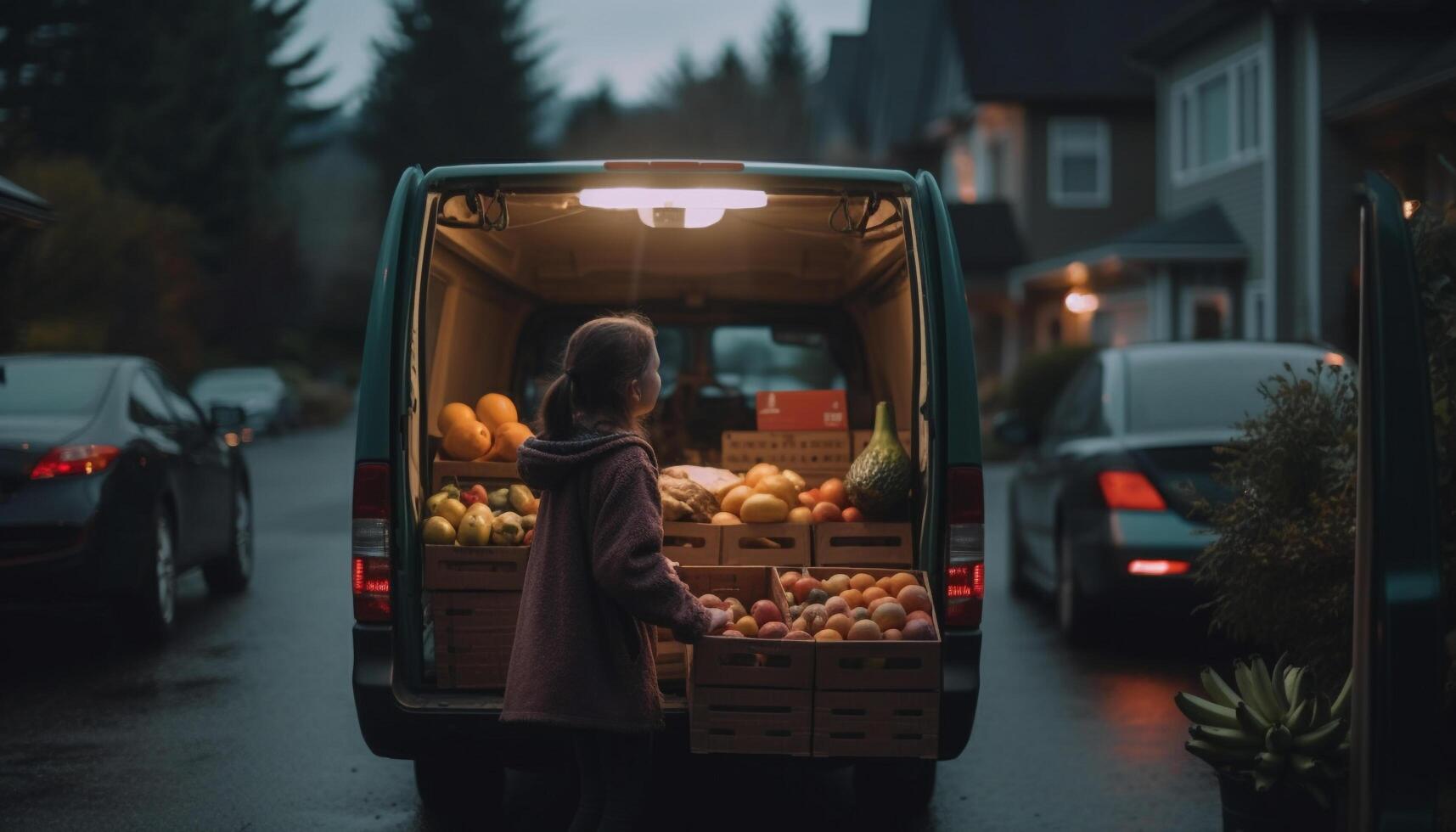 uno uomo consegna fresco verdure su raccogliere su camion a crepuscolo generato di ai foto