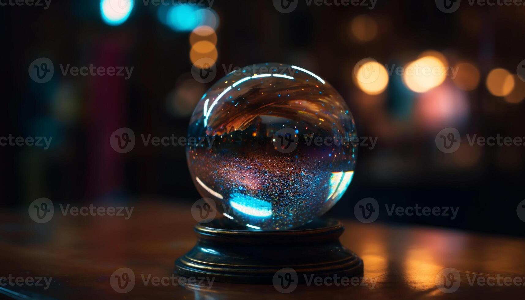 un' raggiante cristallo palla riflette vivace colori nel un' buio spazio generato di ai foto