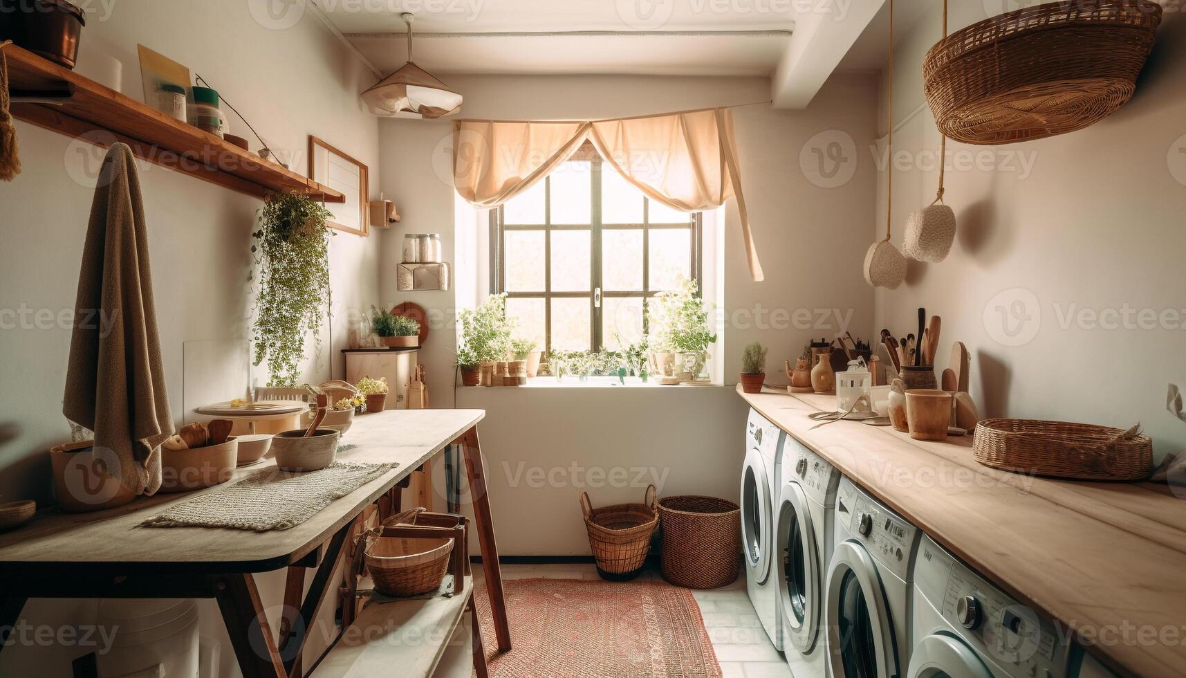 rustico eleganza nel vecchio stile soffitta appartamento con pulito cucina e sedia generato di ai foto