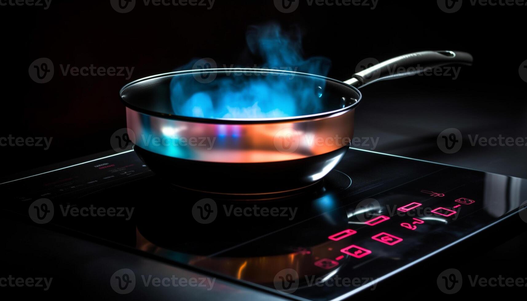 blu fiamma si illumina su stufa superiore bruciatore, riscaldamento cucinando padella generato di ai foto