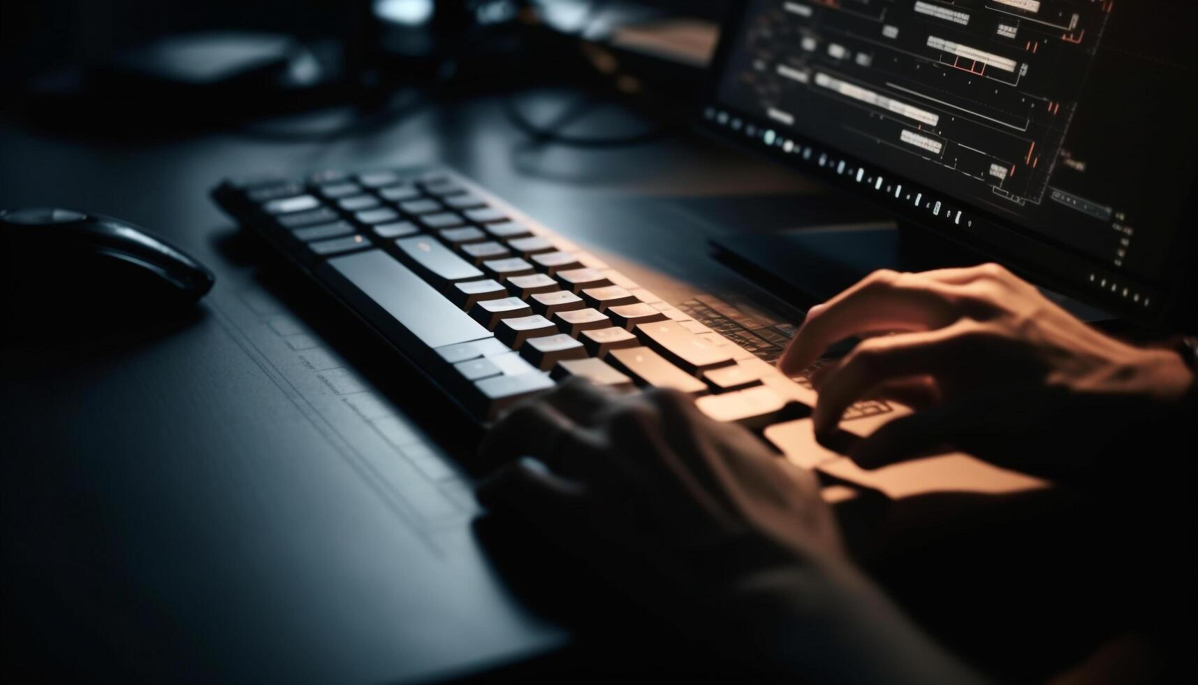 un' occupato uomo d'affari digitando su il suo computer tastiera a notte generato di ai foto
