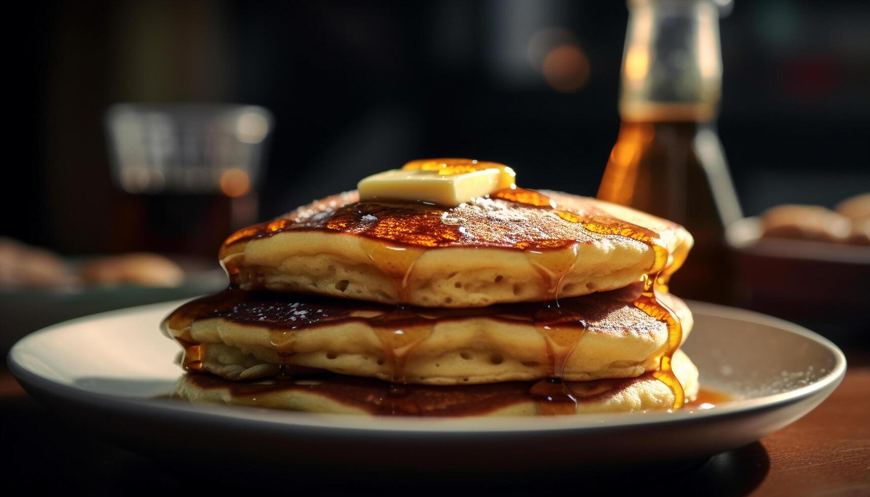 un' pila di soffice Pancakes con sciroppo scrosciante giù generato di ai foto