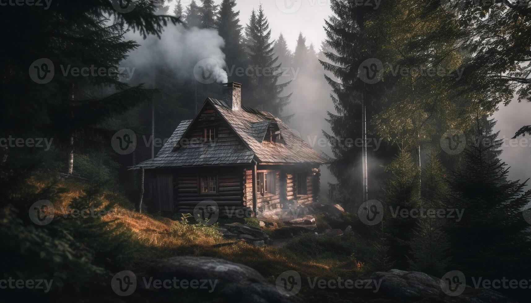 tranquillo scena di un vecchio log cabina nel il montagna foresta generato di ai foto