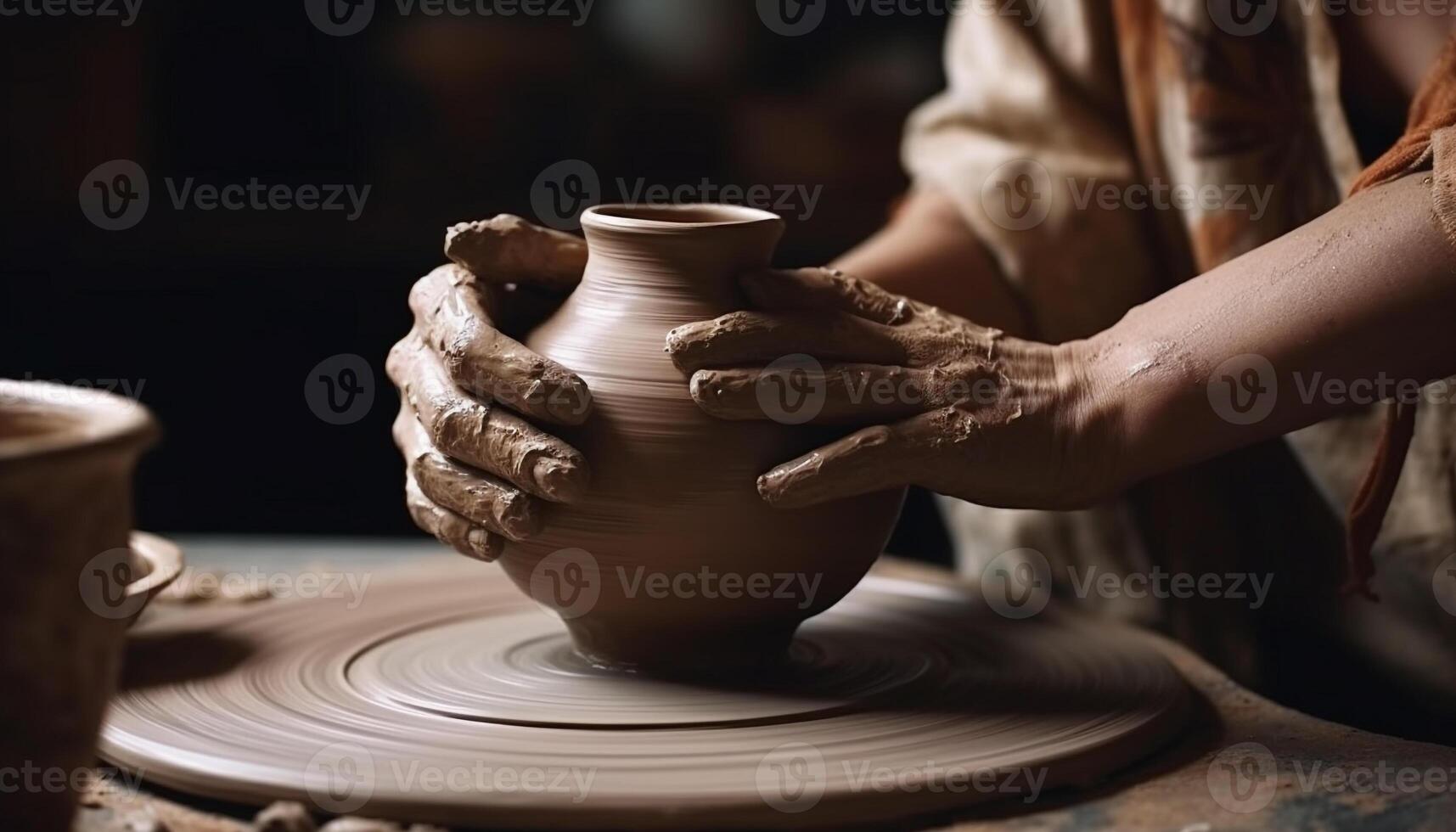 il qualificato vasaio forme bagnato argilla su il ceramica ruota generato di ai foto
