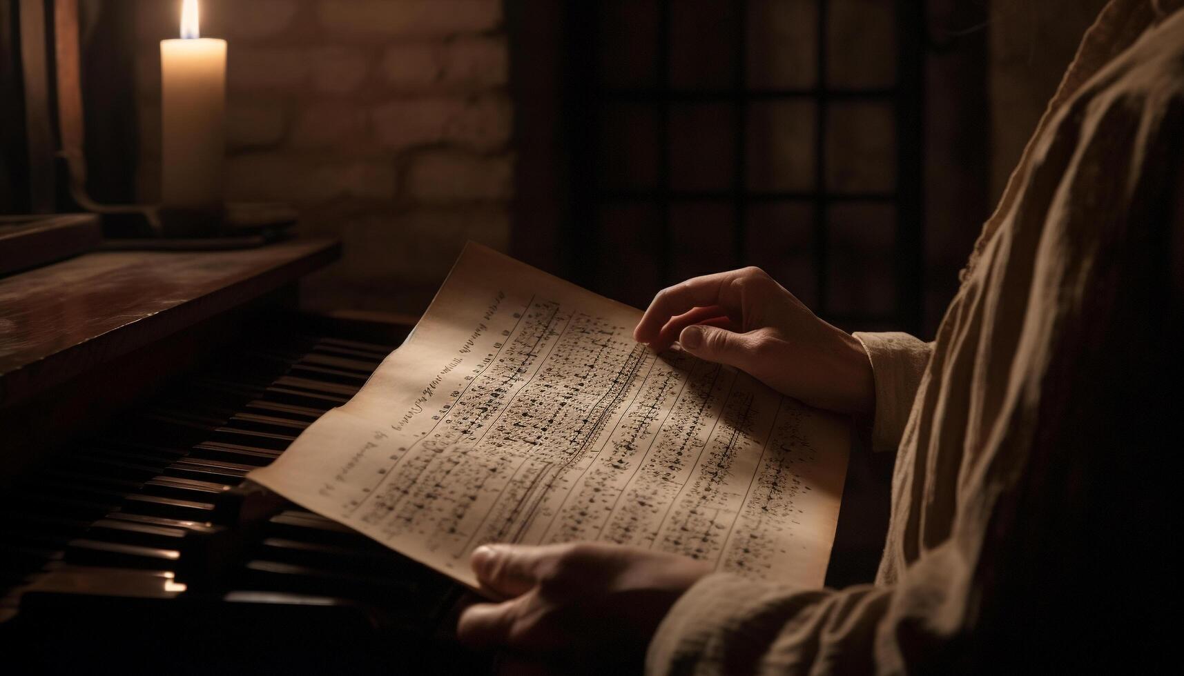 il pianista illuminato tavolo tenuto foglio musica per classico musica generato di ai foto