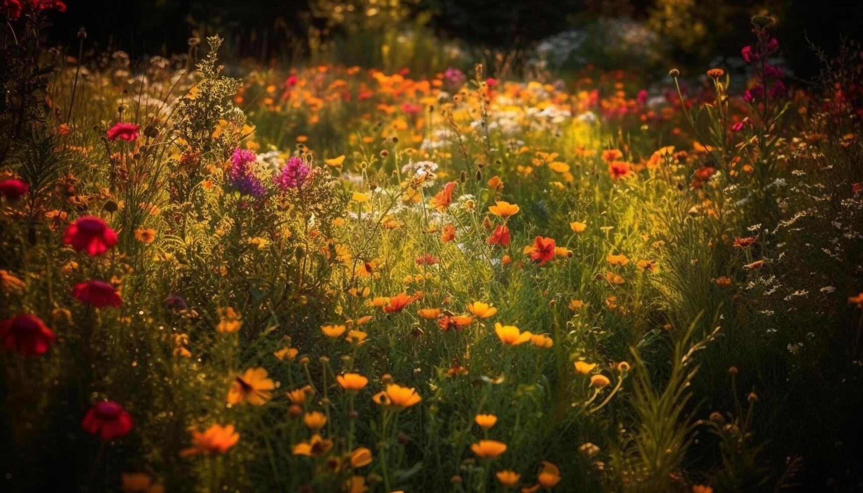 vivace fiori selvatici fioritura nel tranquillo prato a tramonto, in mostra natura bellezza generato di ai foto