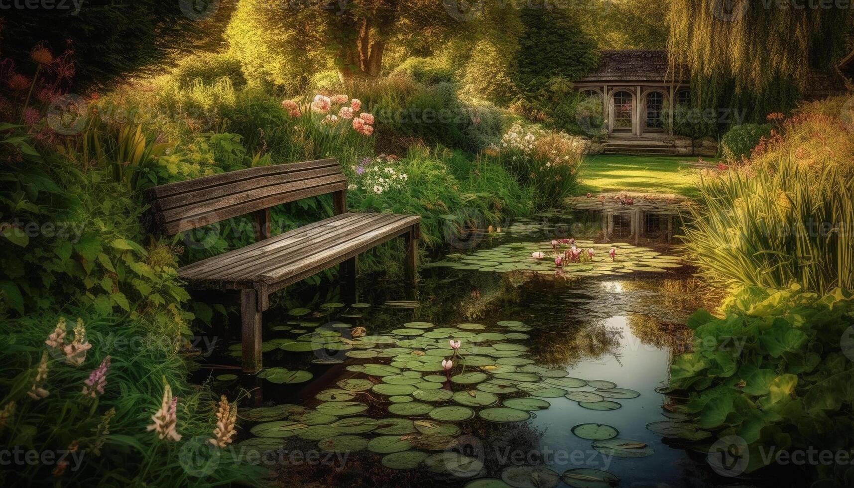 tranquillo scena di un' formale giardino con un' stagno e panchina generato di ai foto
