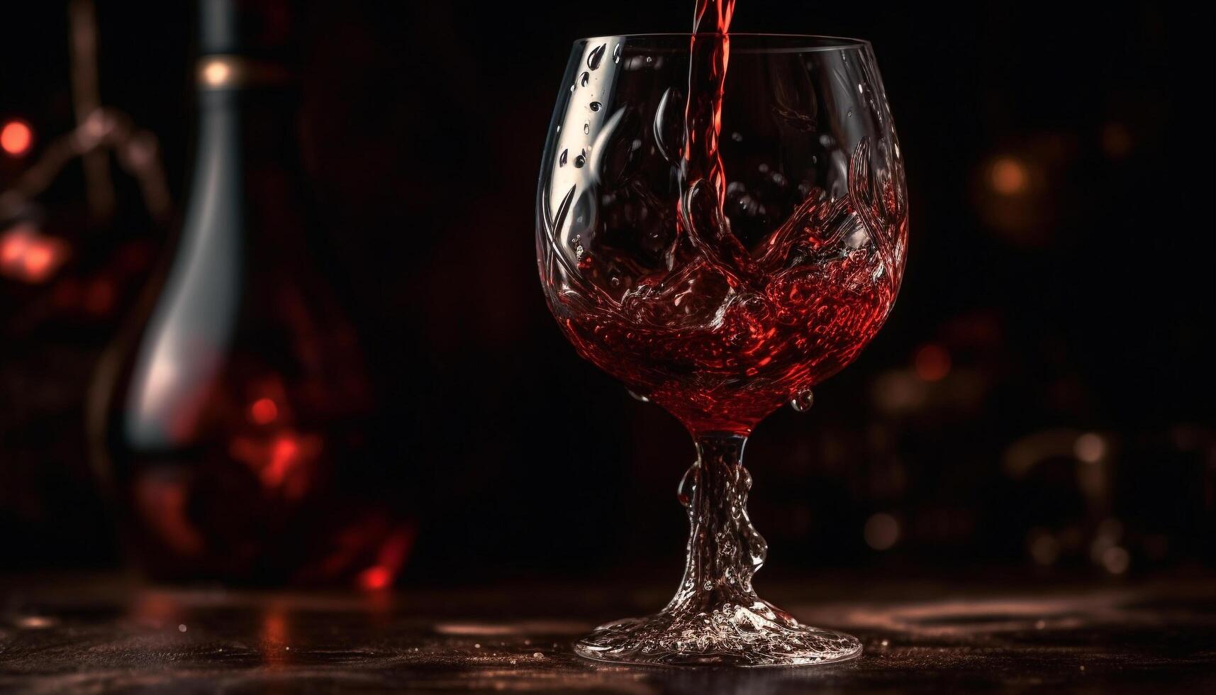 lusso vino bottiglia scrosciante rosso vino in cristallo bicchiere di vino generato di ai foto