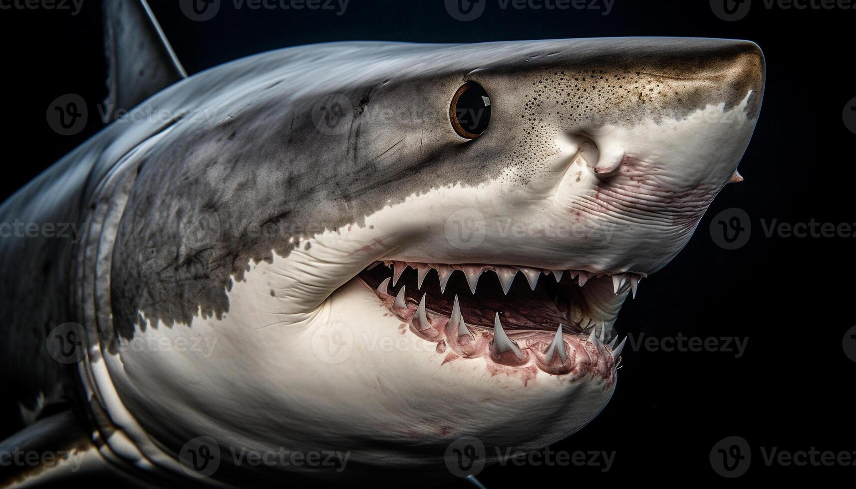 acuto denti di gigante pesce nel subacqueo vicino su ritratto generato di ai foto