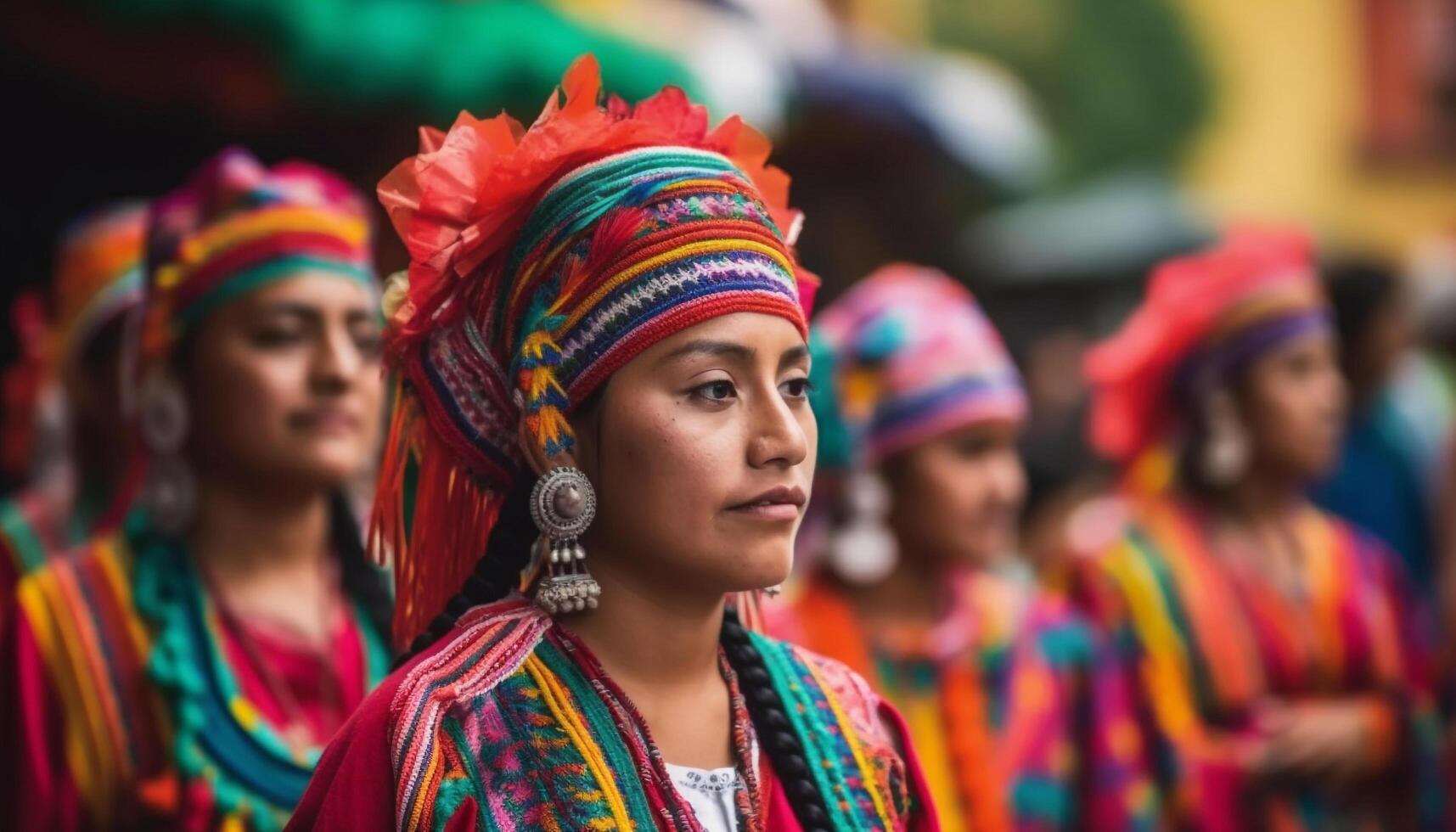 colorato indigeno Festival celebra tradizionale capi di abbigliamento e culture all'aperto generato di ai foto