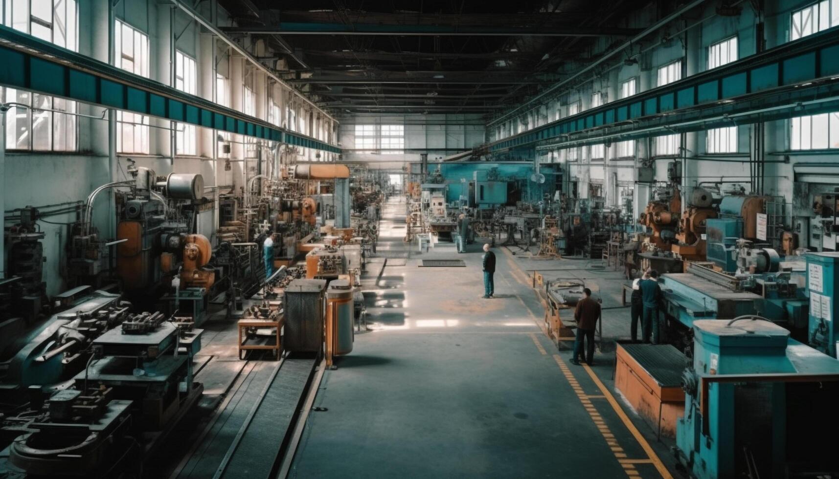 metallo lavoratori nel moderno fabbrica costruire pesante macchinari su produzione linea generato di ai foto