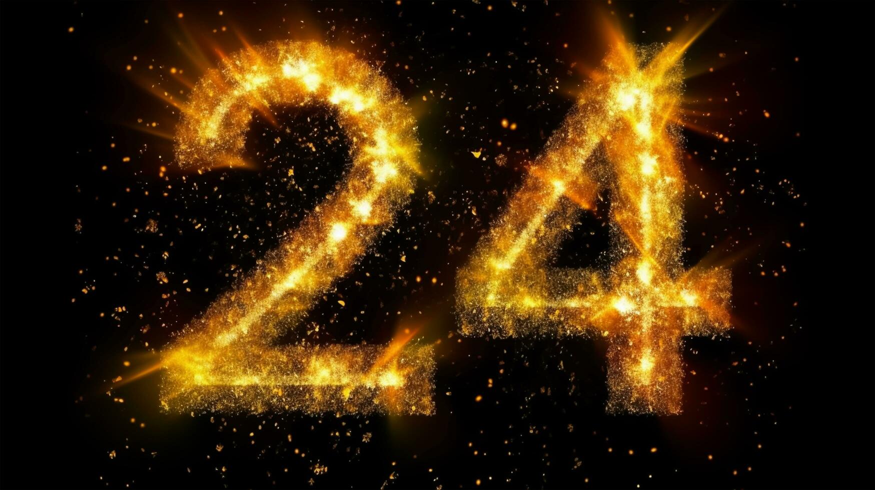 numero 24 con scintille e fuoco d'artificio su nero sfondo, contento nuovo anno 2024 foto