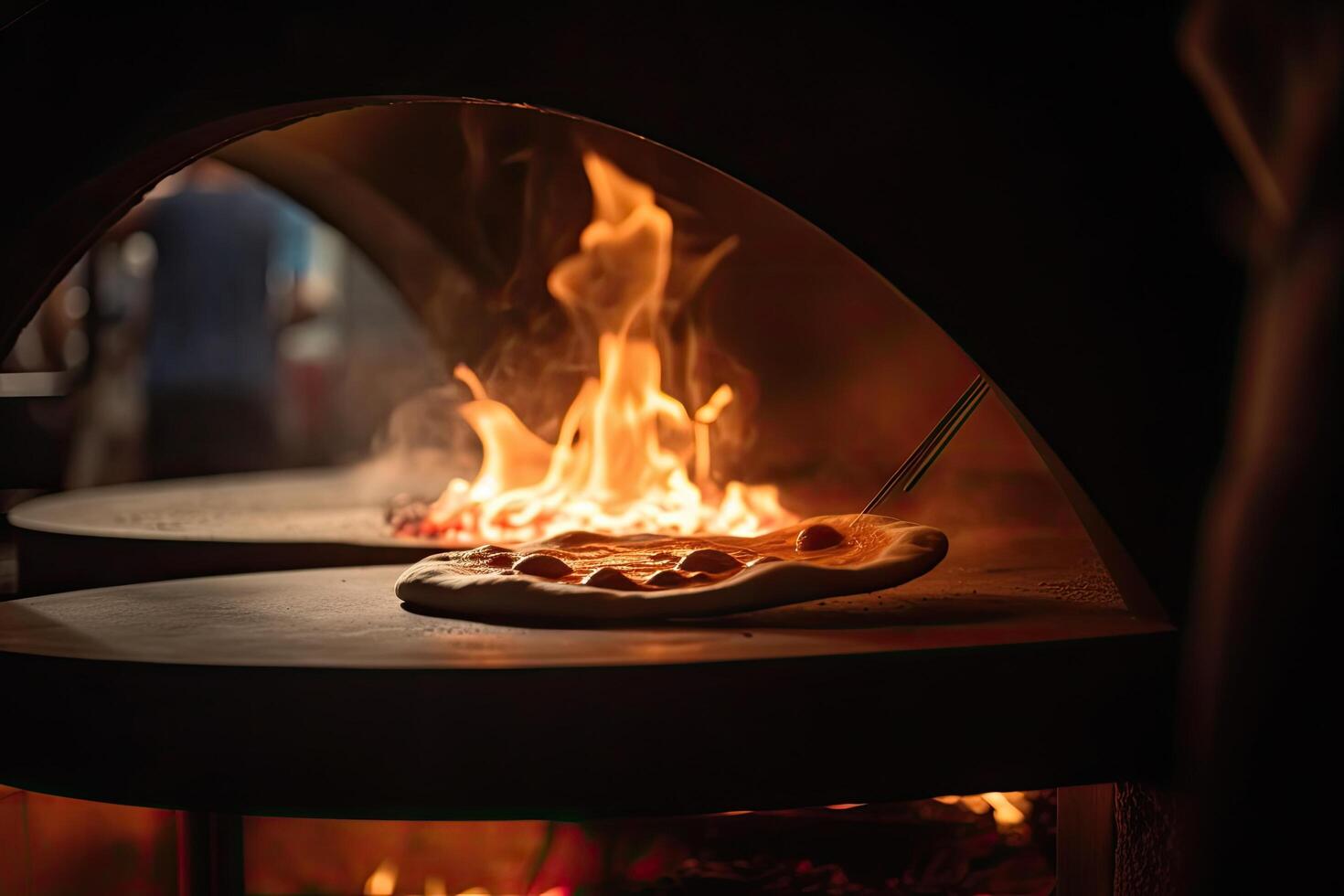 Pizza nel un' Pizza forno. cucinando Pizza nel un' ristorante. chef fabbricazione un' Pizza vicino su nel un' Pizza forno con fuoco, ai generato foto