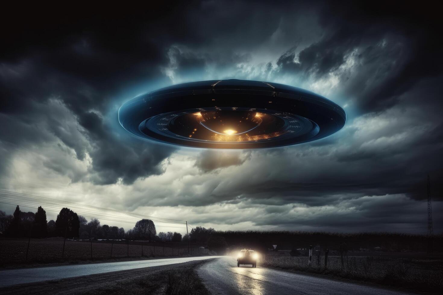 ufo volante al di sopra di il strada a notte. 3d resa. invasione di extraterrestre. alieno rapimento, ai generato foto