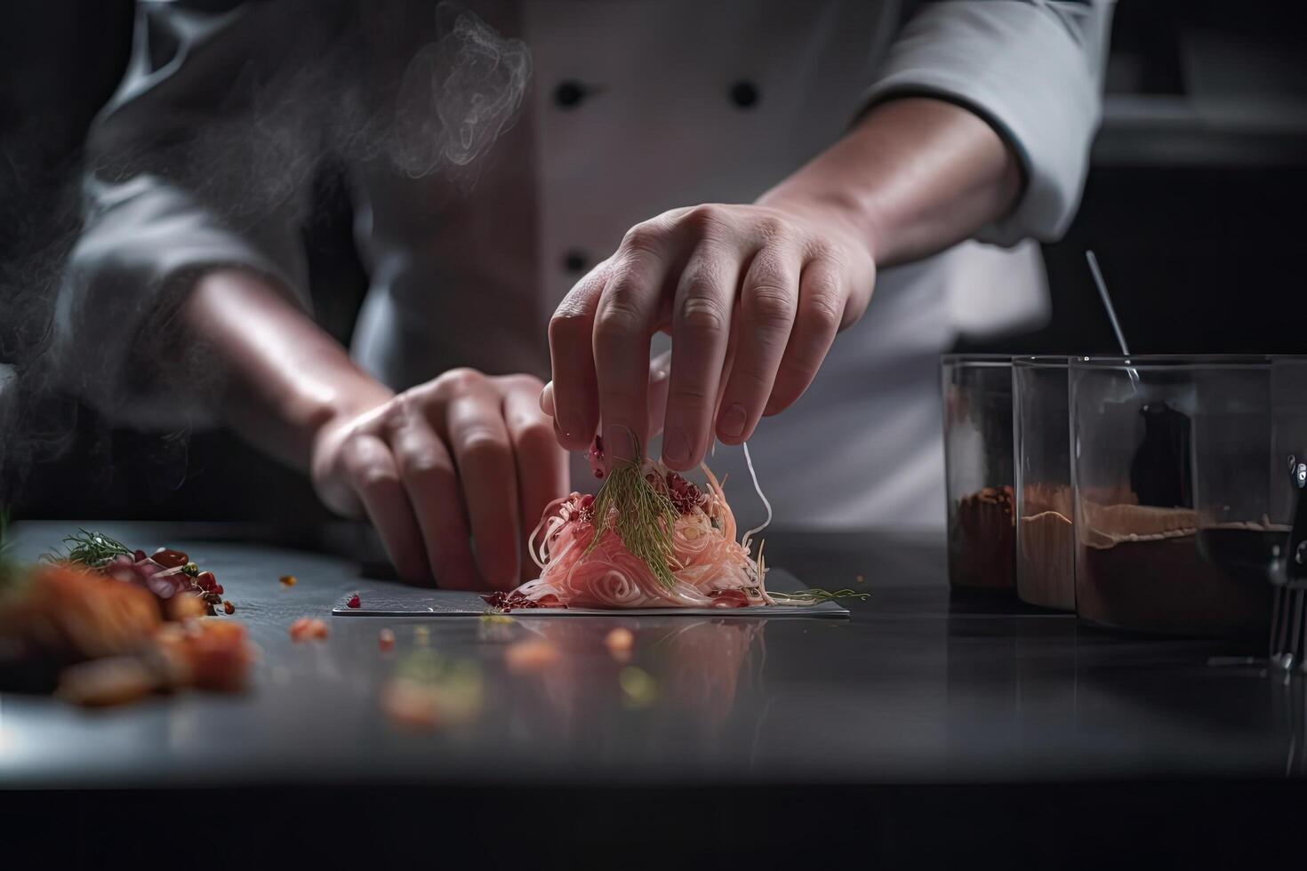 capocuoco preparazione un' piatto nel un' ristorante cucina, vicino su, chef mani vicino su cucinando, ai generato foto